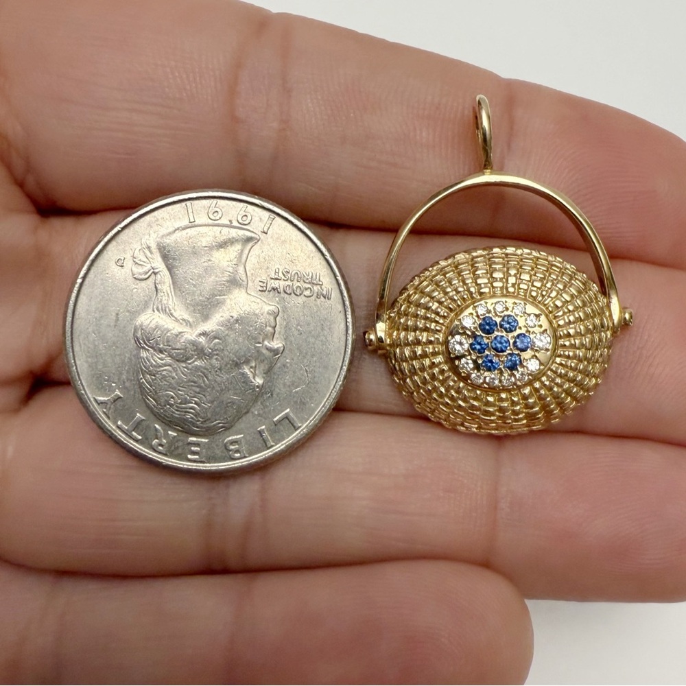 M&D Fine Jewelry 14k Gold Nantucket Basket Blueberries Sapphire Diamond Pendant - Picture 2 of 8